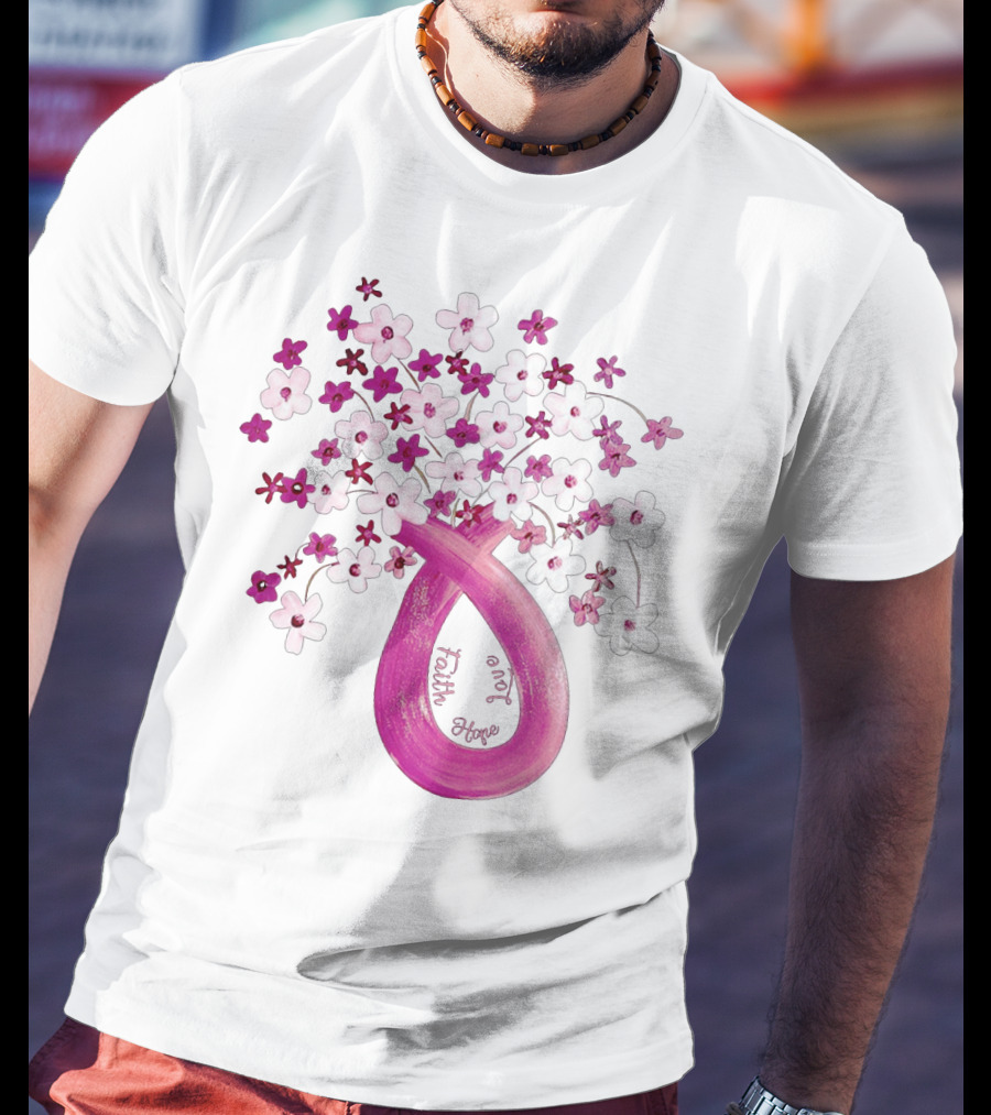 Faith Hope Love Pink Ribbon Flower Bouquet T-Shirt