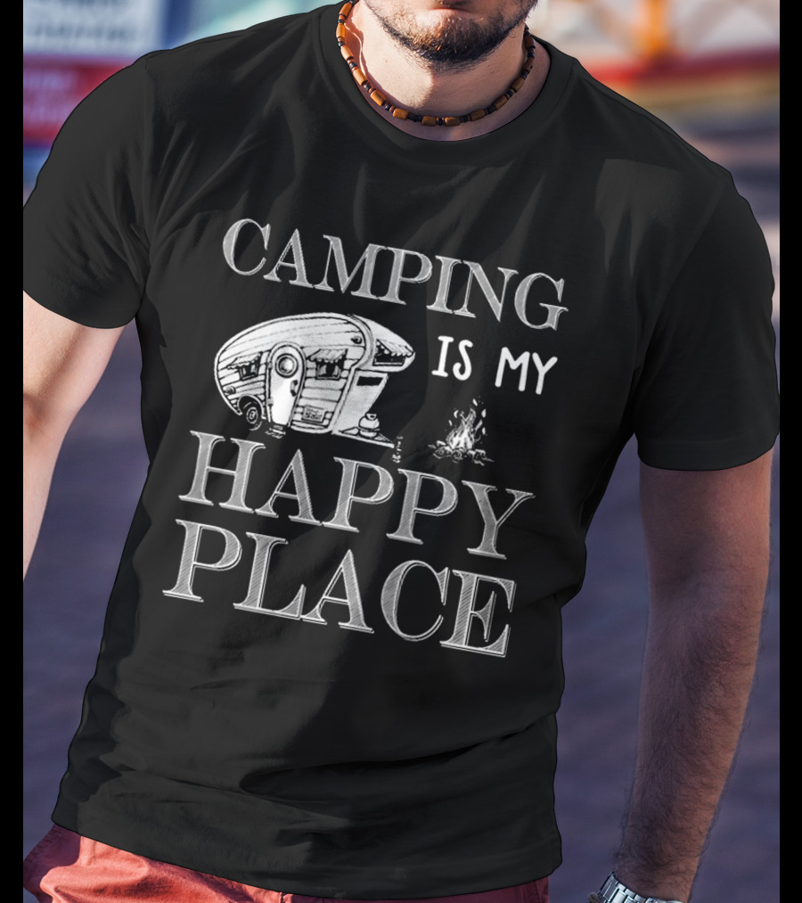 Camping Is My Happy Place With RV And Campfire Scene T-Shirt