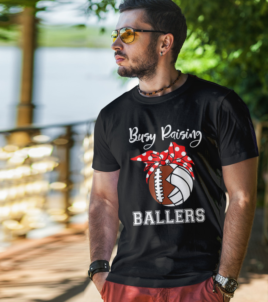 Busy Raising Ballers Football Volleyball Funny Polka Dot Bow T-Shirt