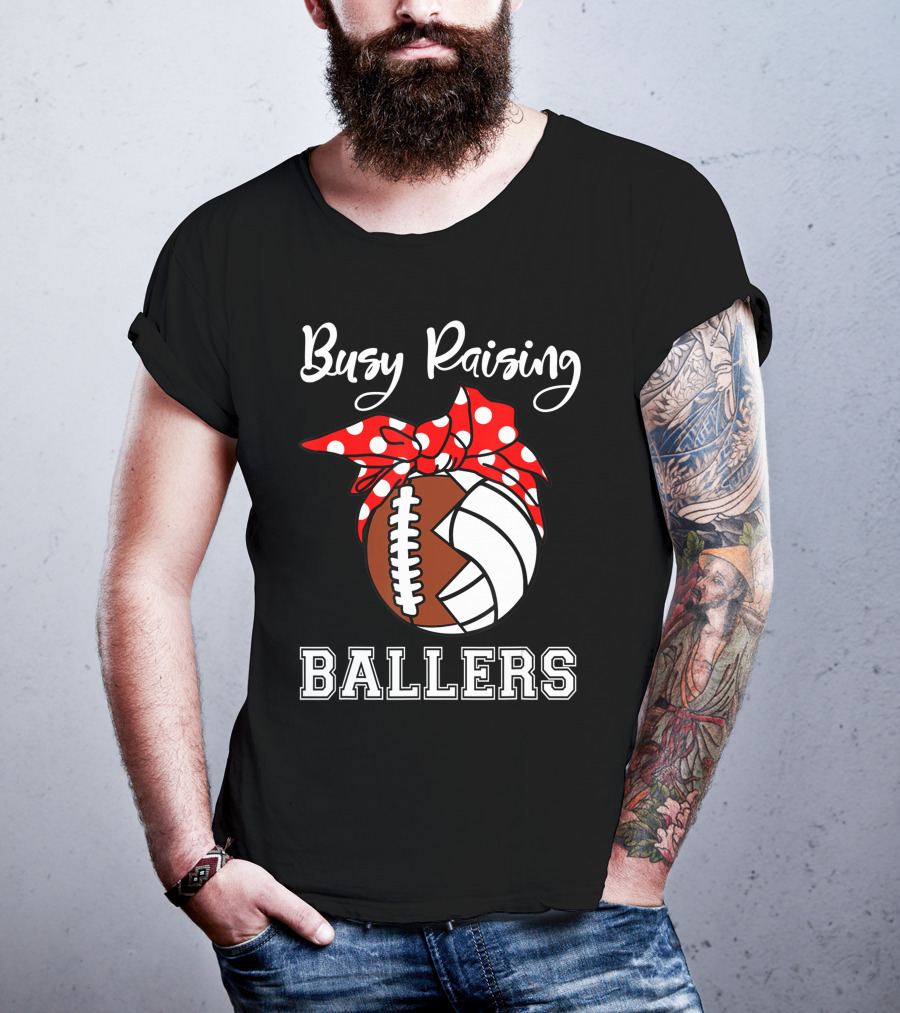Busy Raising Ballers Football Volleyball Funny Polka Dot Bow T-Shirt