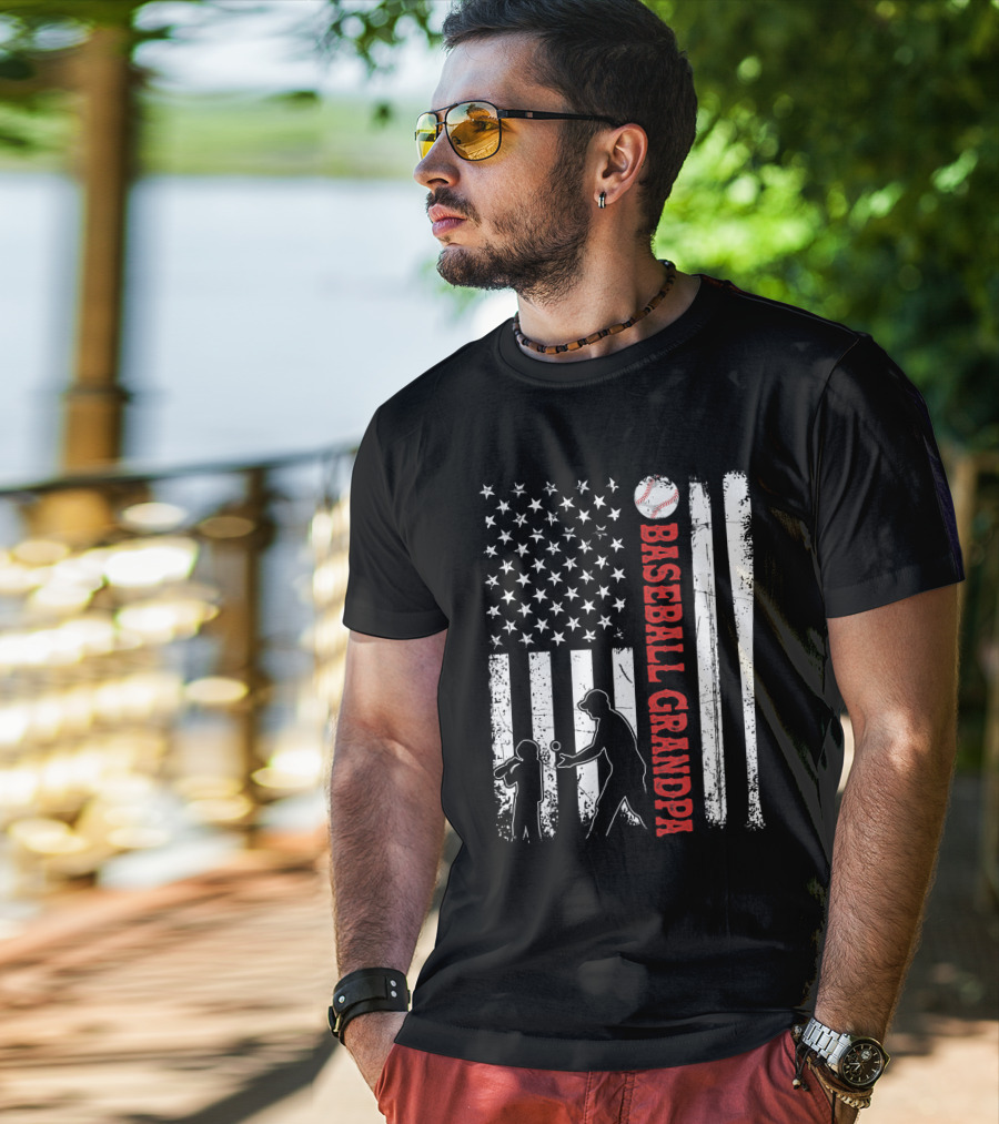 Distressed USA American Flag Baseball Grandpa Silhouette With Bats And Ball T-Shirt