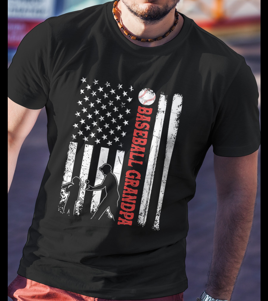 Distressed USA American Flag Baseball Grandpa Silhouette With Bats And Ball T-Shirt