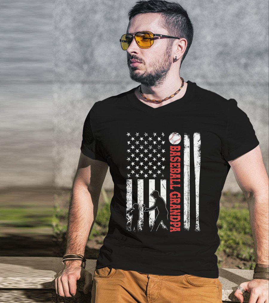 Distressed USA American Flag Baseball Grandpa Silhouette With Bats And Ball T-Shirt