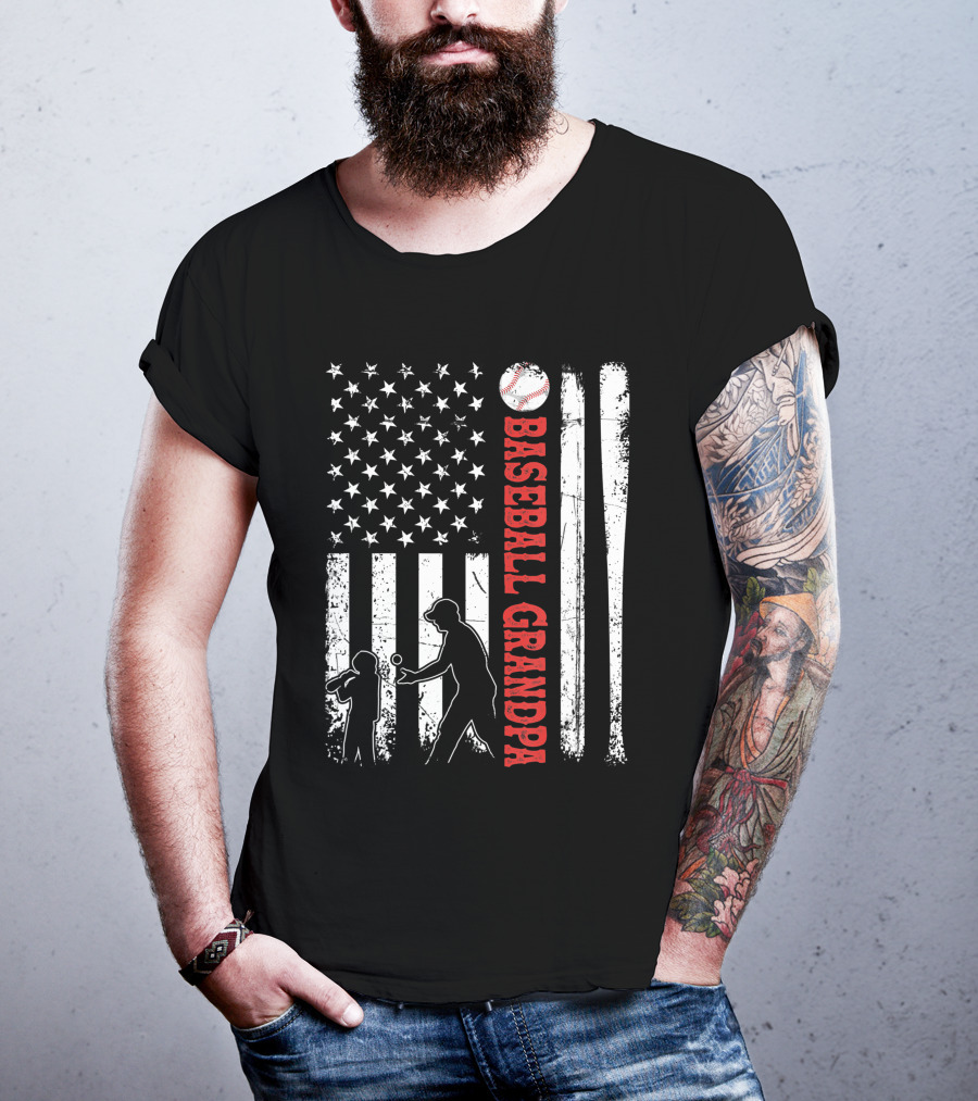Distressed USA American Flag Baseball Grandpa Silhouette With Bats And Ball T-Shirt