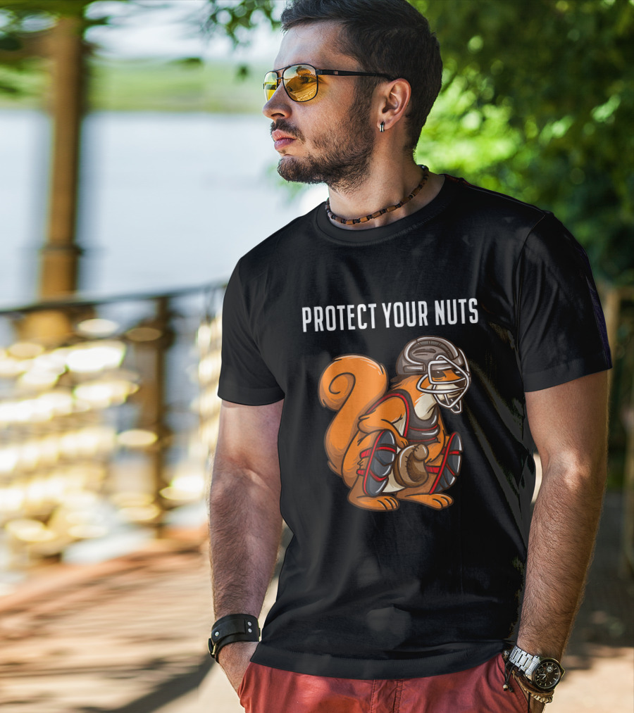 Protect Your Nuts Funny Squirrel Lover Baseball Catcher Animal T-Shirt