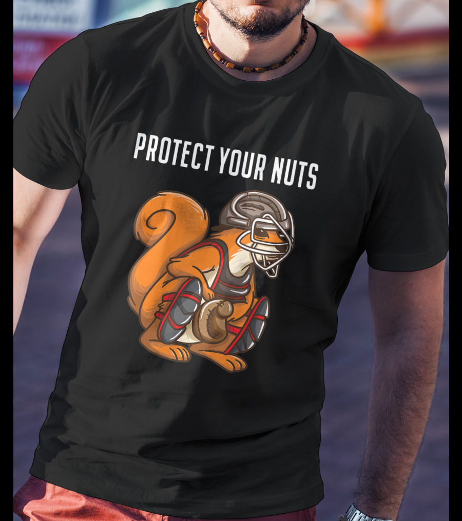 Protect Your Nuts Funny Squirrel Lover Baseball Catcher Animal T-Shirt