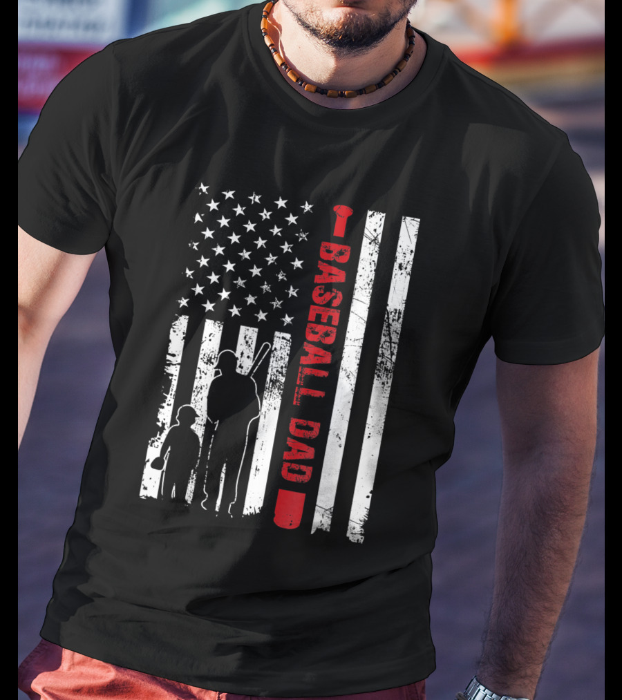 Proud Baseball Dad American Flag Sports T-Shirt