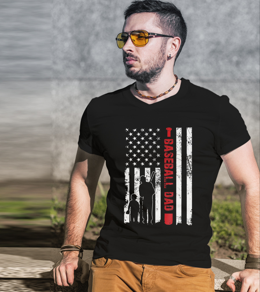 Proud Baseball Dad American Flag Sports T-Shirt