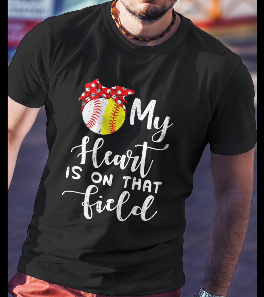 My Heart Is On That Field Baseball Softball Red Polka Dot Bow T-Shirt