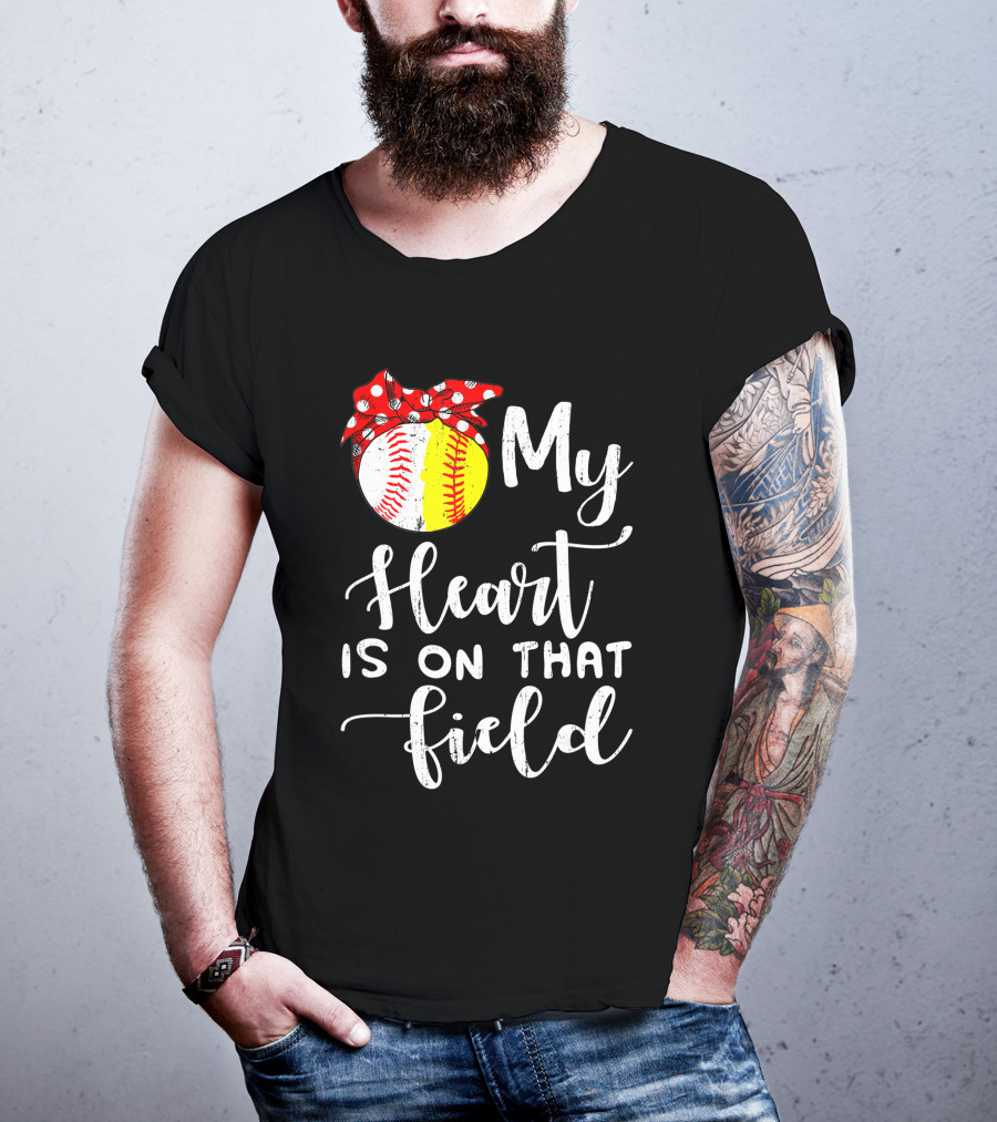 My Heart Is On That Field Baseball Softball Red Polka Dot Bow T-Shirt