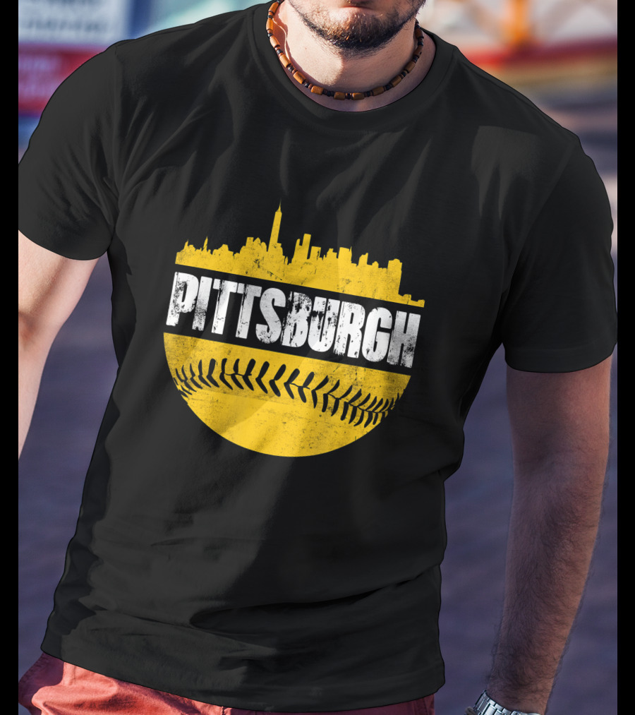 Pittsburgh Baseball Cityscape Distressed Look With Baseball Stitching T-Shirt