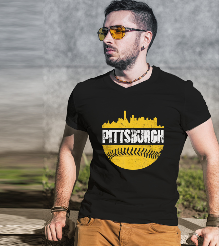 Pittsburgh Baseball Cityscape Distressed Look With Baseball Stitching T-Shirt