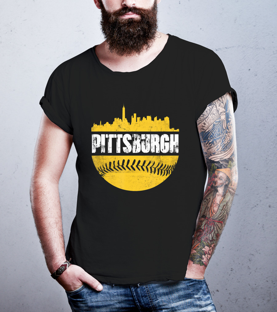 Pittsburgh Baseball Cityscape Distressed Look With Baseball Stitching T-Shirt
