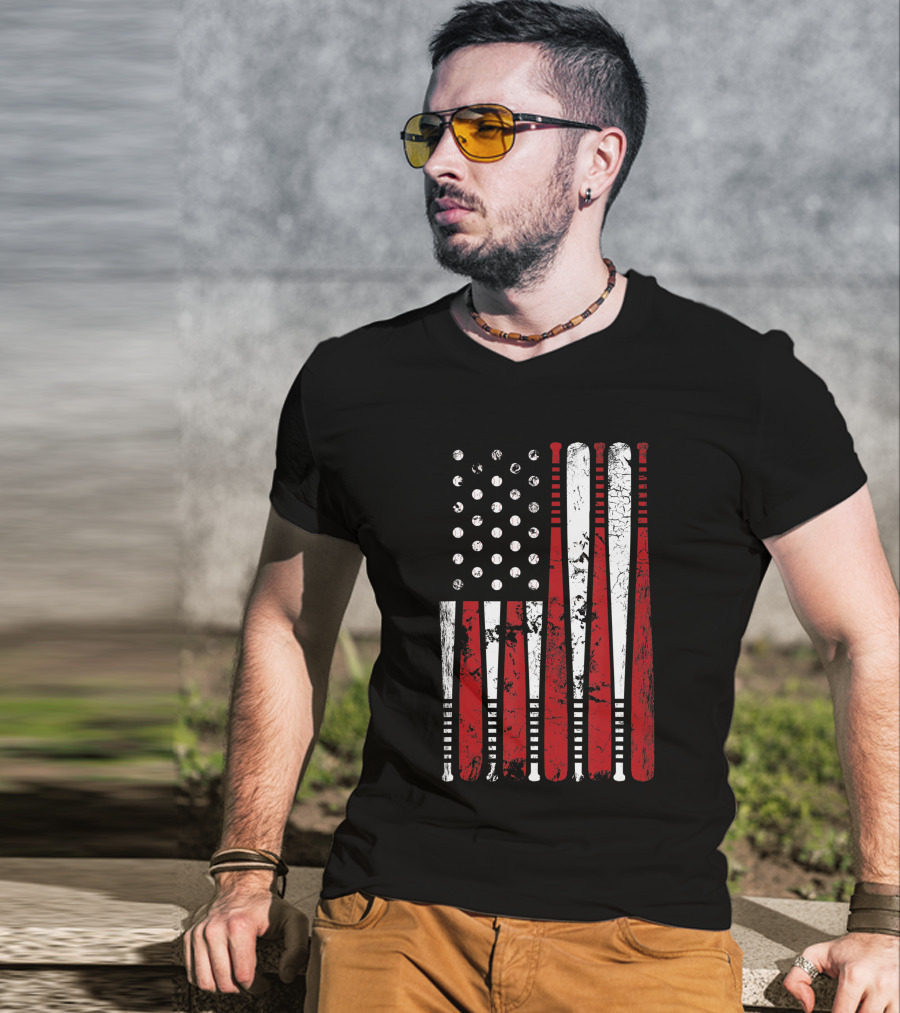 Vintage American Baseball Bat USA Flag T-Shirt