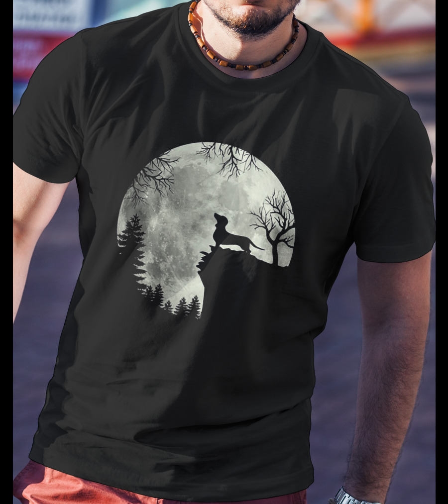 Dachshund Silhouette Howling At Full Moon In Forest Night Scene T-Shirt