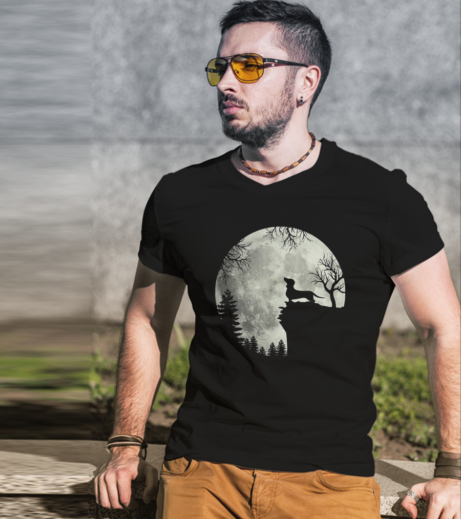 Dachshund Silhouette Howling At Full Moon In Forest Night Scene T-Shirt