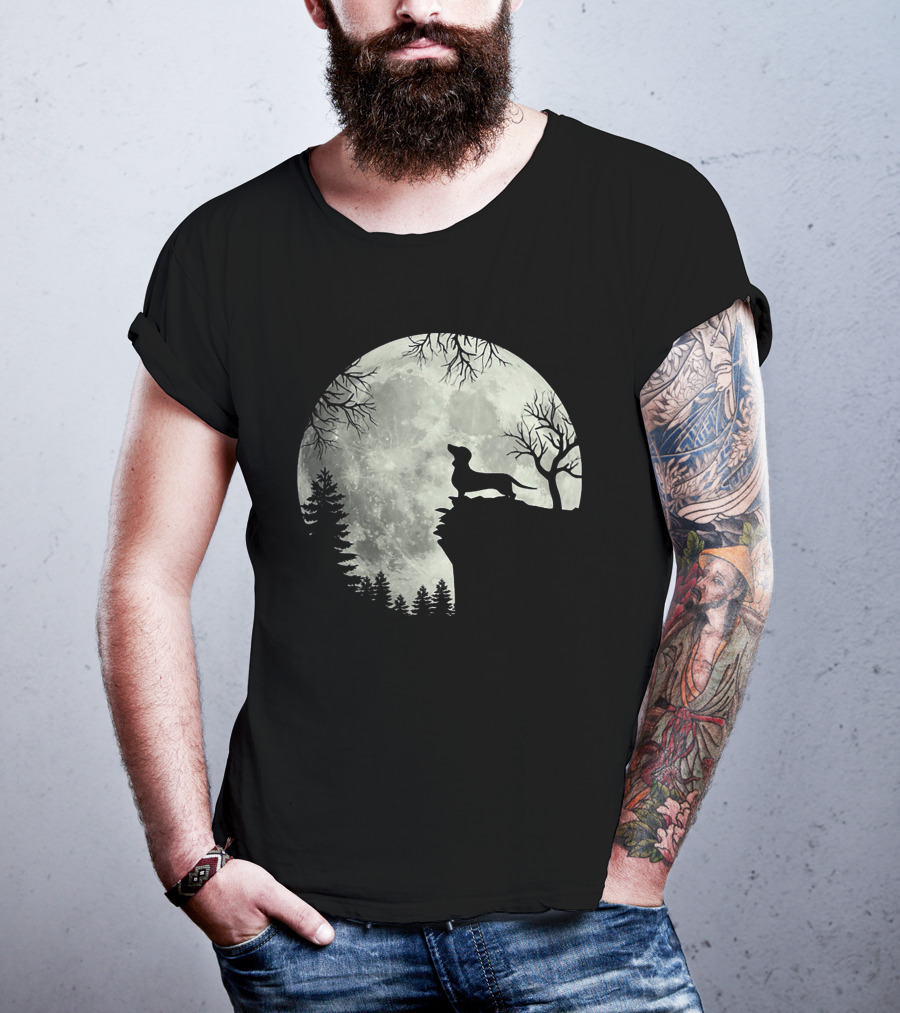 Dachshund Silhouette Howling At Full Moon In Forest Night Scene T-Shirt