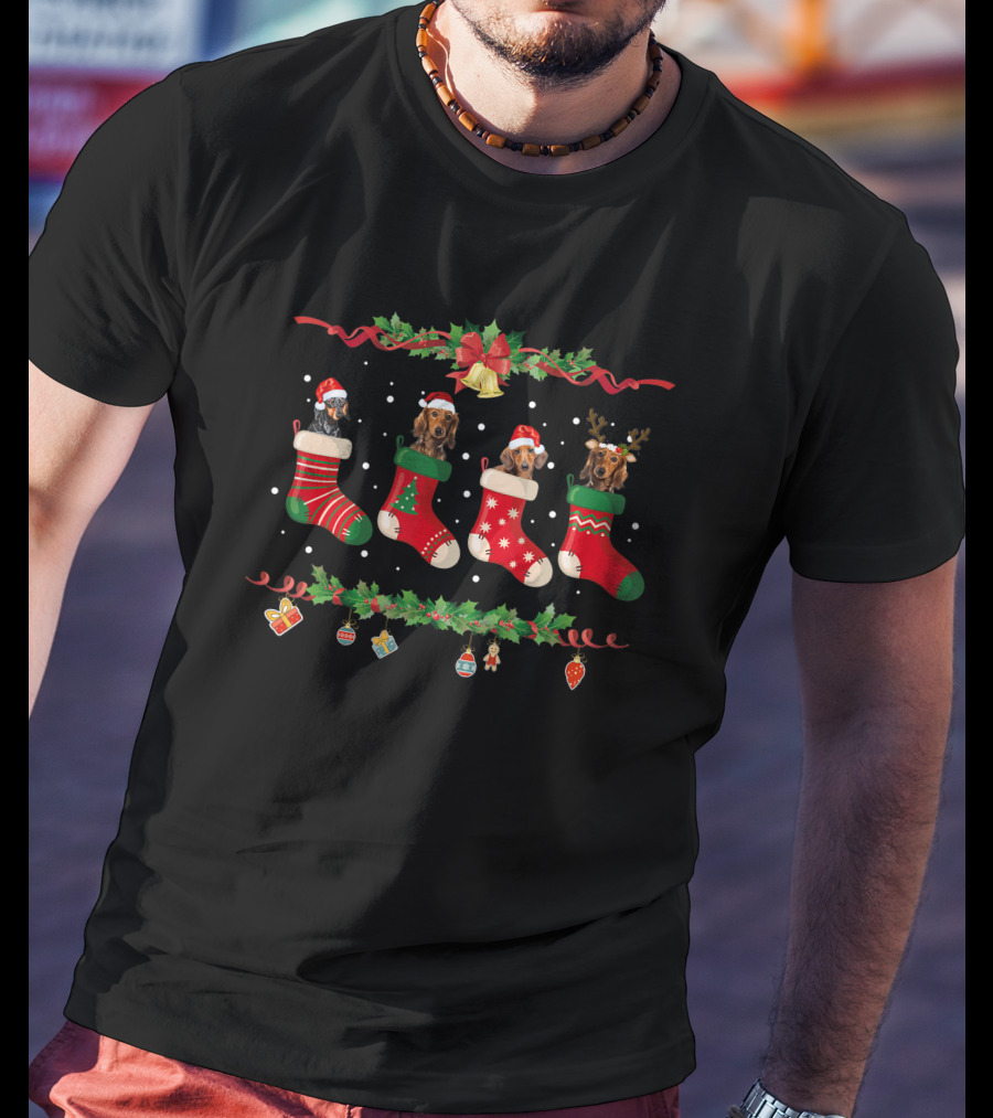 Dachshund Christmas Stocking Festive Santa Hat Reindeer Holiday Decor T-Shirt