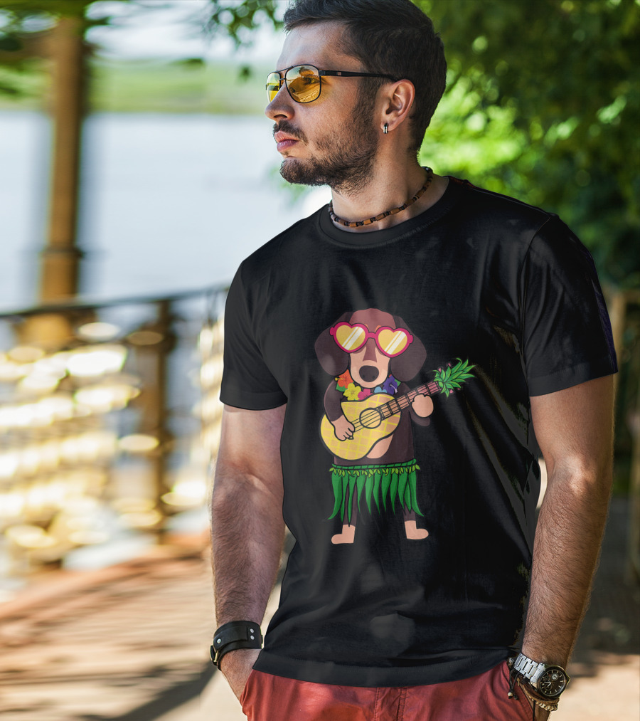 Dachshund Hawaiian Ukulele Player In Summer Costume With Sunglasses T-Shirt