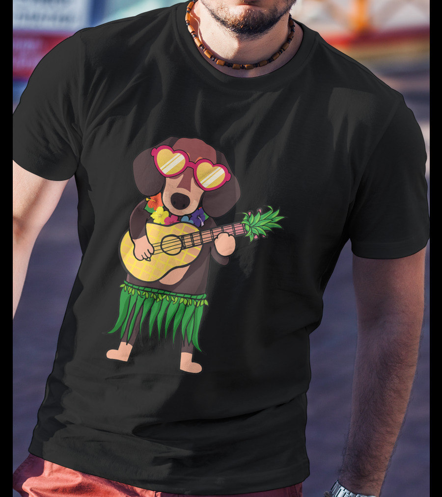 Dachshund Hawaiian Ukulele Player In Summer Costume With Sunglasses T-Shirt