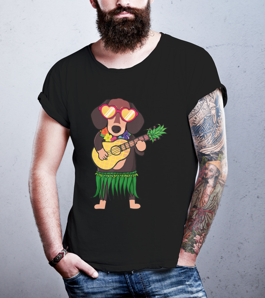 Dachshund Hawaiian Ukulele Player In Summer Costume With Sunglasses T-Shirt