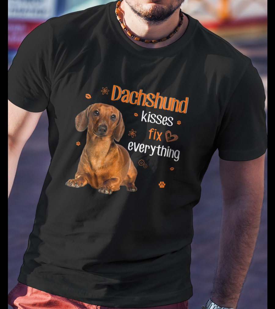 Dachshund Kisses Fix Everything Dachshund Lover Orange Paw Prints T-Shirt