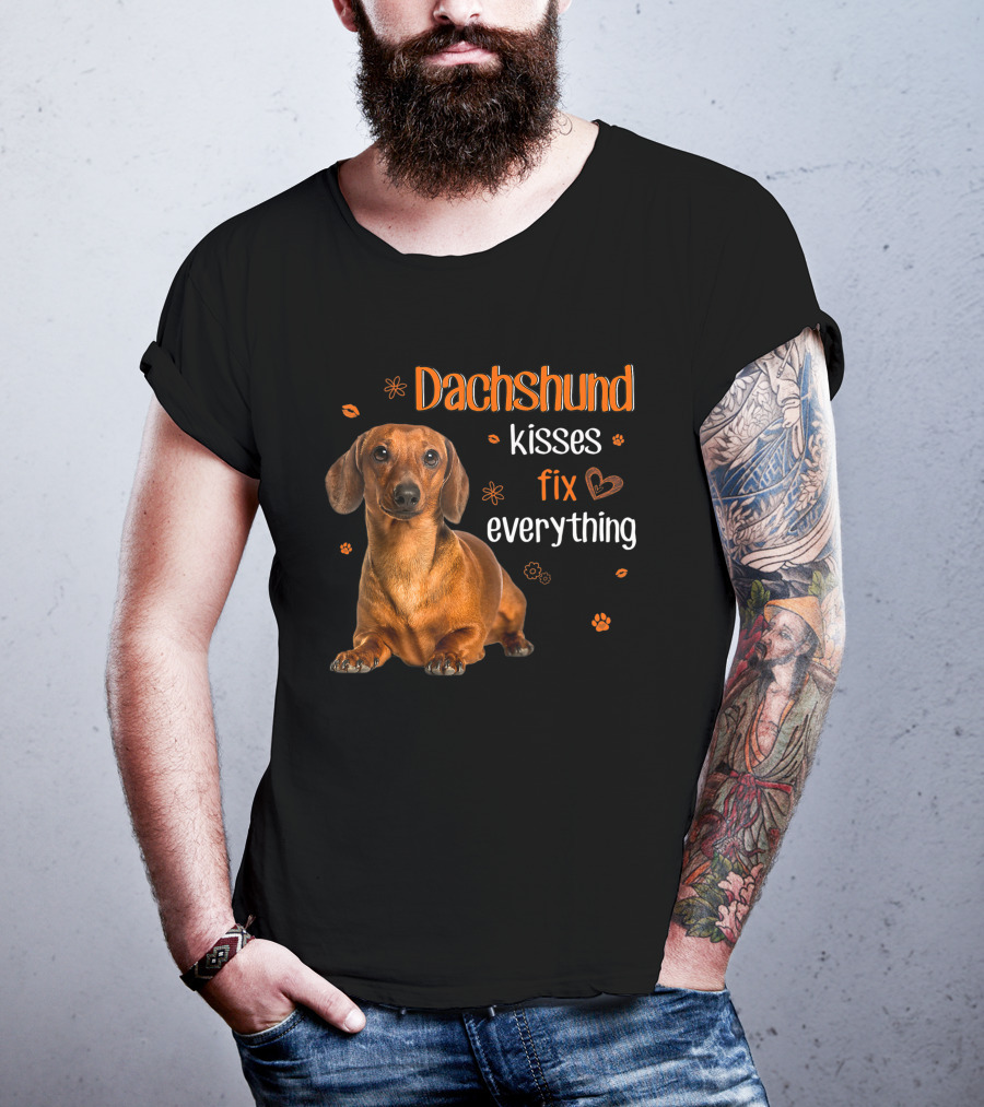 Dachshund Kisses Fix Everything Dachshund Lover Orange Paw Prints T-Shirt