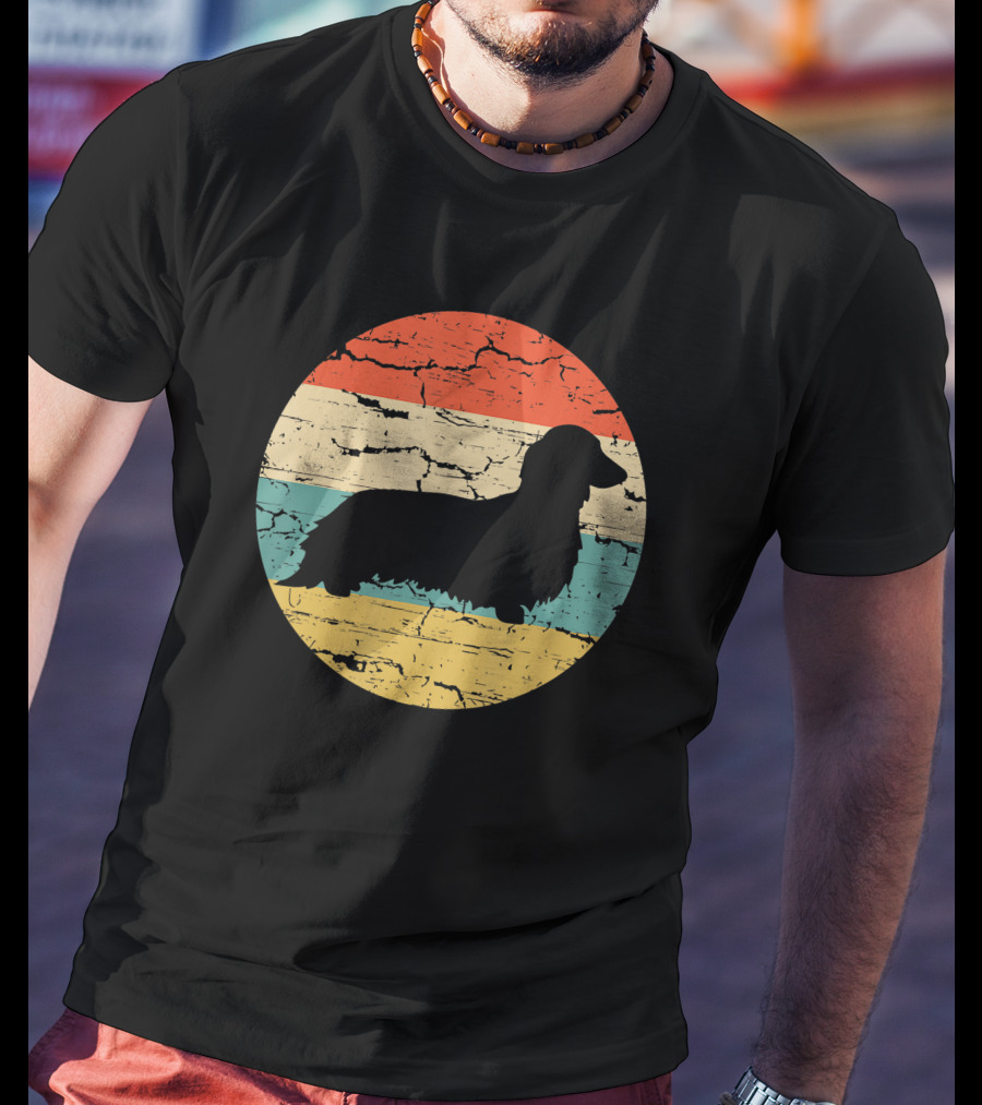 Dachshund Long Haired Dog Vintage Retro Stripes T-Shirt