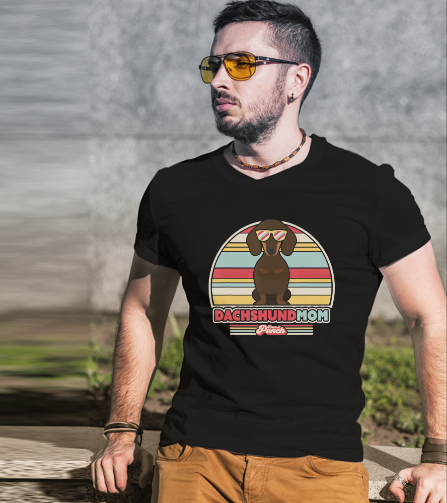 Dachshund Mom Retro Style Paws And Punch Stripes T-Shirt