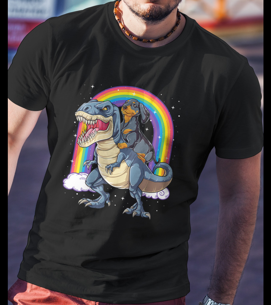 Dachshund Riding Dinosaur Rex T-Shirt