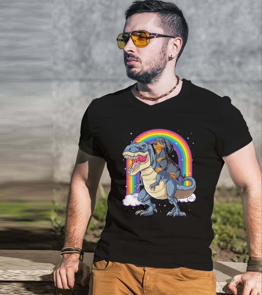 Dachshund Riding Dinosaur Rex T-Shirt