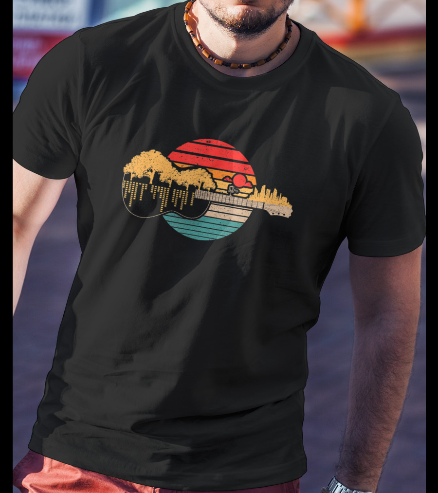 Disc Golf Flying Disc Sunset Guitar Landscape City Skyline T-Shirt