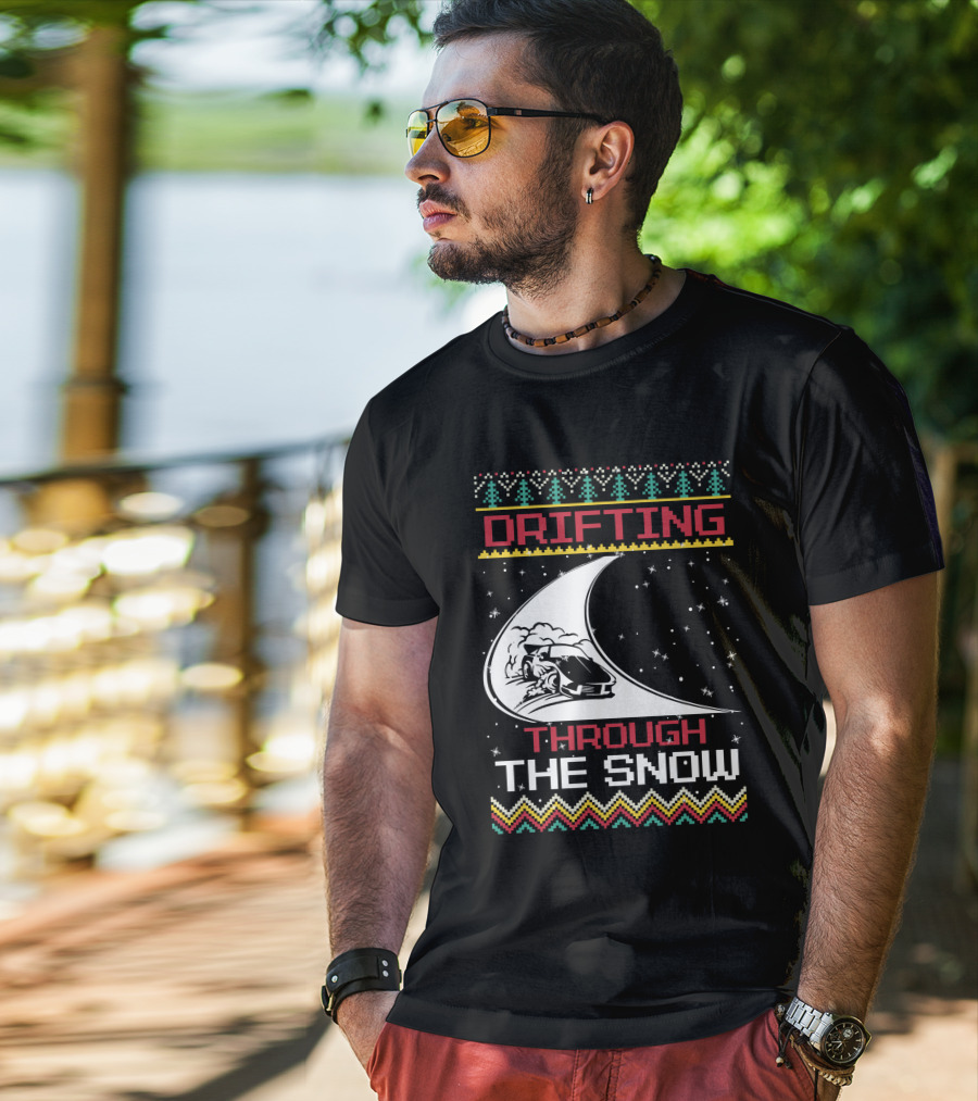 Drifting Through The Snow Racing Car Christmas Trees Snowflakes T-Shirt