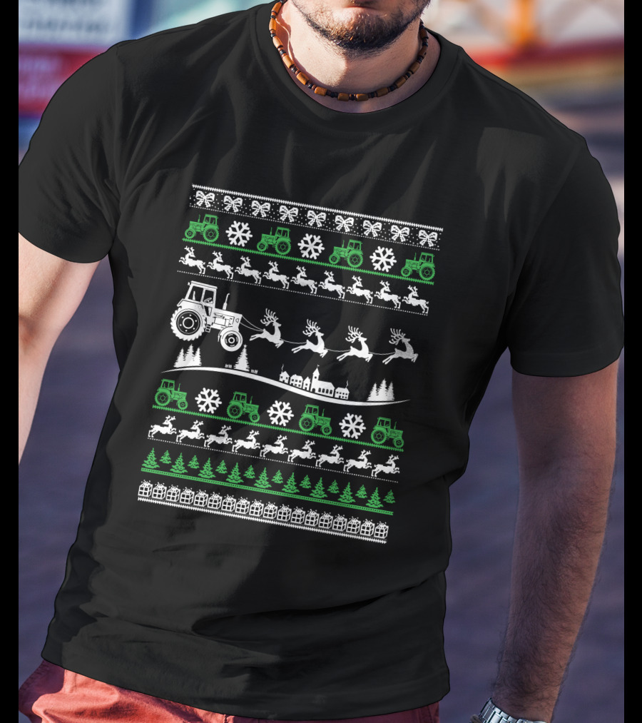 Funny Christmas Farmer Tractor Reindeer Snowflakes Trees T-Shirt