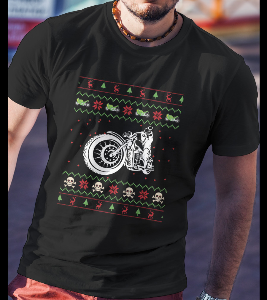 Motorbike Ugly Christmas Sweater Skulls And Reindeer T-Shirt