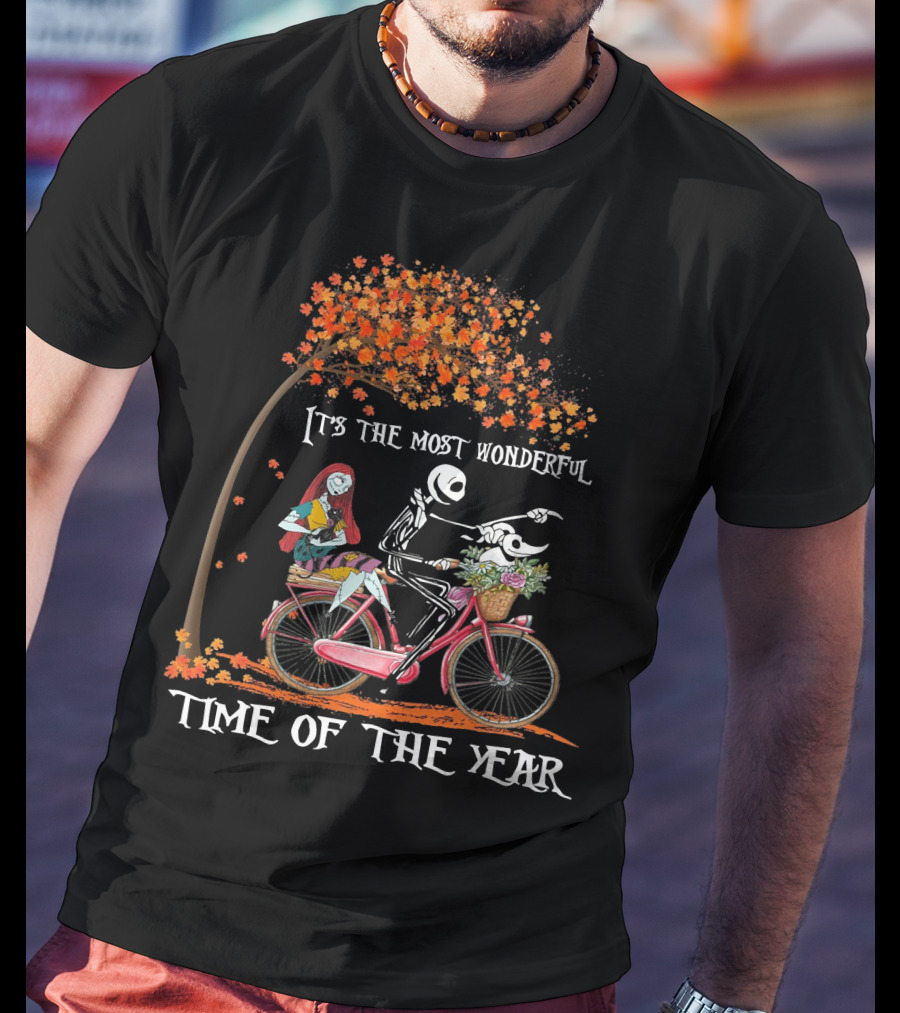 It's The Most Wonderful Time Of The Year Jack And Sally Bike Autumn Leaves T-Shirt