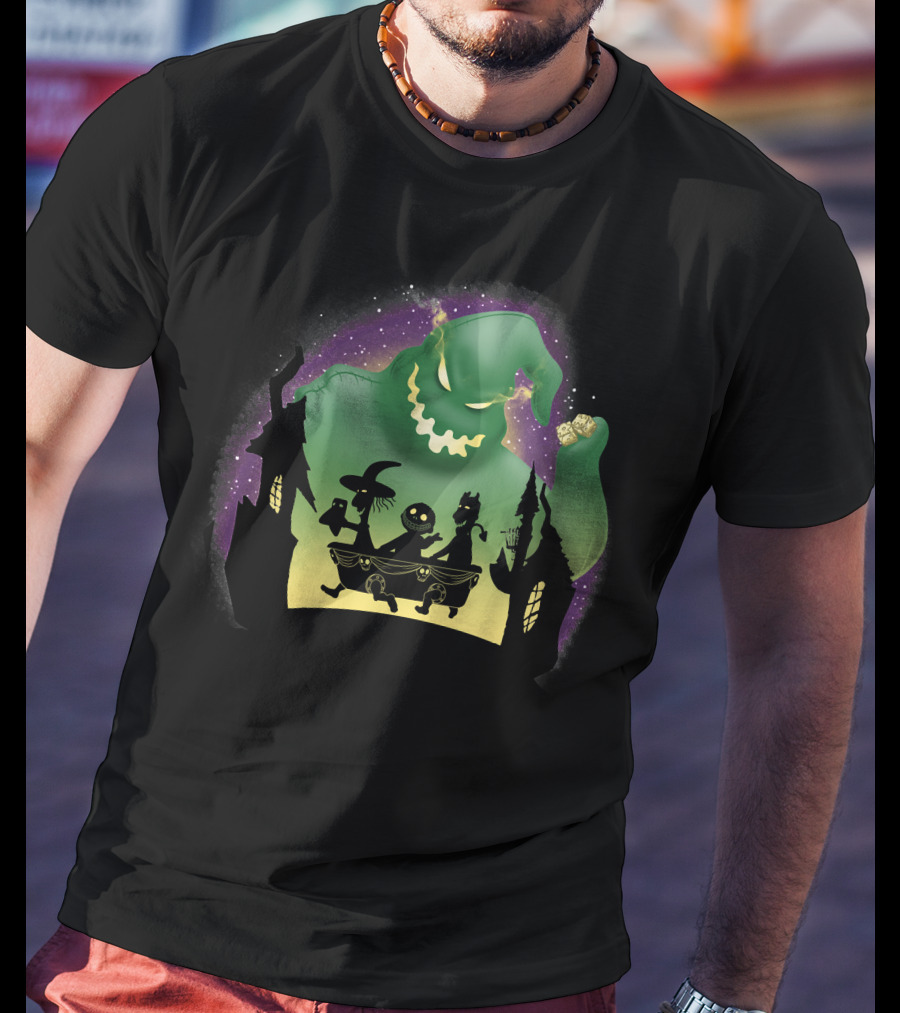 Boogie Lock Shock And Barrel Silhouette Against Green Monster And Haunted House Background T-Shirt