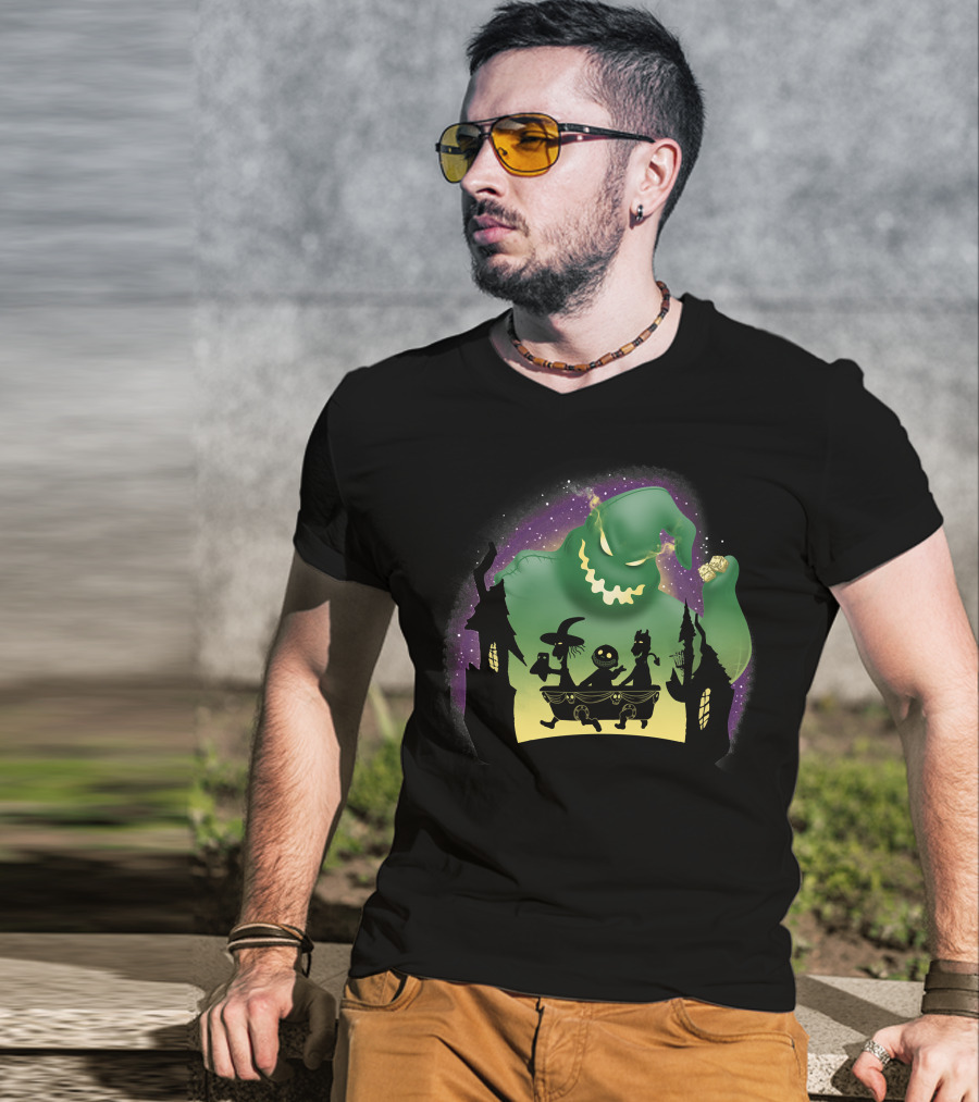Boogie Lock Shock And Barrel Silhouette Against Green Monster And Haunted House Background T-Shirt
