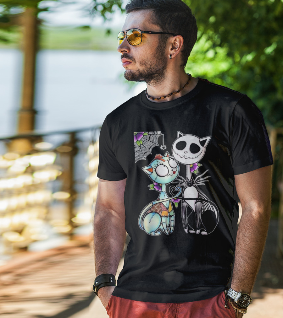 Jack Skellington Cat And Sally Cat With Heart Umbrella And Stitching Elements T-Shirt
