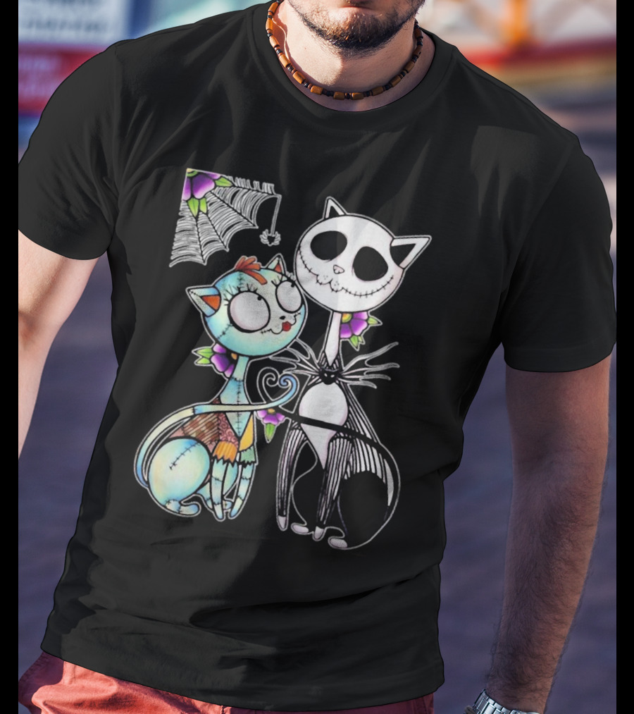 Jack Skellington Cat And Sally Cat With Heart Umbrella And Stitching Elements T-Shirt