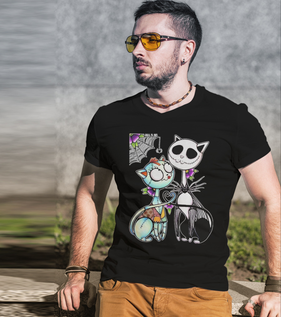 Jack Skellington Cat And Sally Cat With Heart Umbrella And Stitching Elements T-Shirt