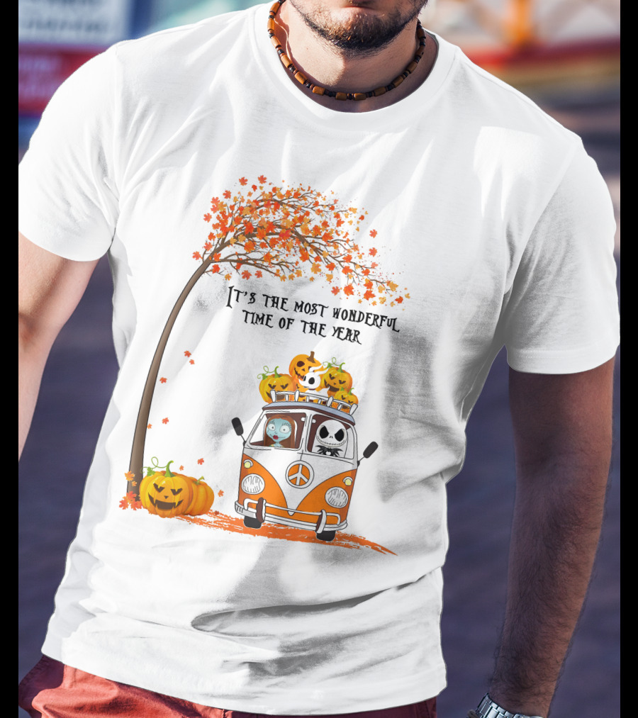 It's The Most Wonderful Time Of The Year Jack Sally Zero And Pumpkin In Van With Tree And Autumn Leaves T-Shirt