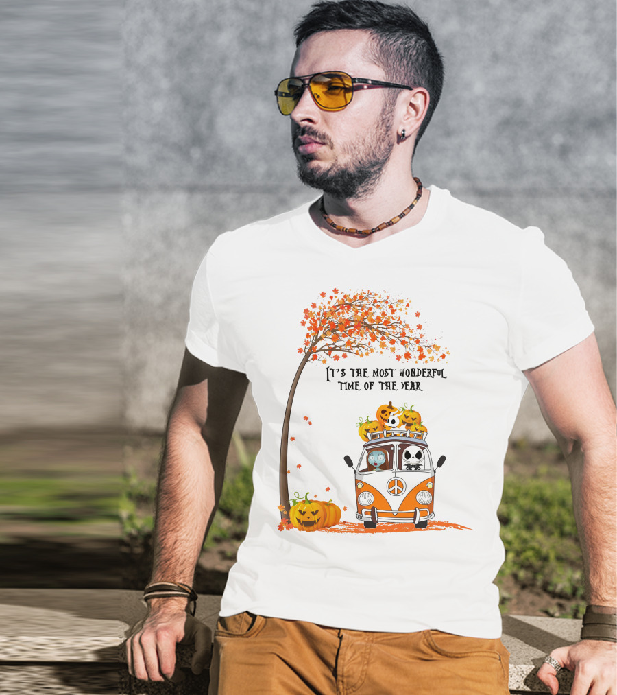 It's The Most Wonderful Time Of The Year Jack Sally Zero And Pumpkin In Van With Tree And Autumn Leaves T-Shirt