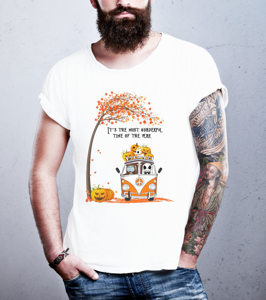 It's The Most Wonderful Time Of The Year Jack Sally Zero And Pumpkin In Van With Tree And Autumn Leaves T-Shirt