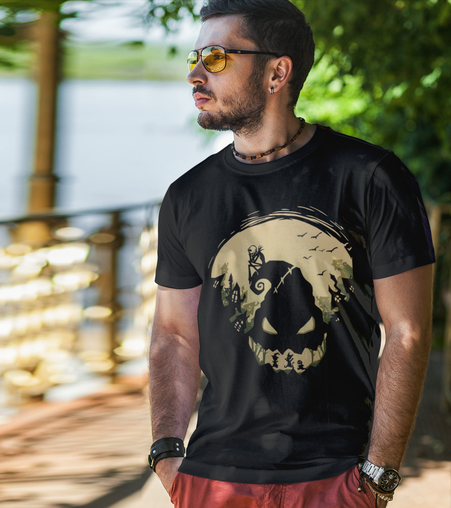 Jack Skellington Sitting On Curved Hilltop Over Oogie Boogie With Walking Figures And Bats In Spooky Moonlit Landscape T-Shirt