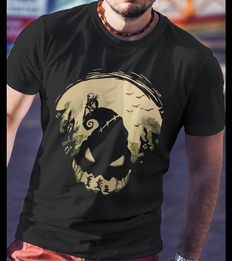 Jack Skellington Sitting On Curved Hilltop Over Oogie Boogie With Walking Figures And Bats In Spooky Moonlit Landscape T-Shirt