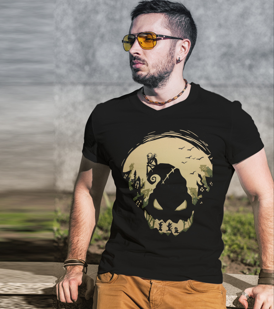 Jack Skellington Sitting On Curved Hilltop Over Oogie Boogie With Walking Figures And Bats In Spooky Moonlit Landscape T-Shirt