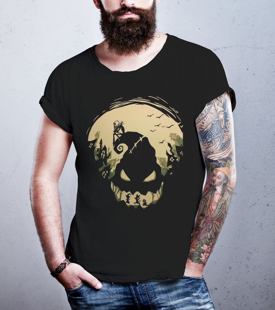 Jack Skellington Sitting On Curved Hilltop Over Oogie Boogie With Walking Figures And Bats In Spooky Moonlit Landscape T-Shirt