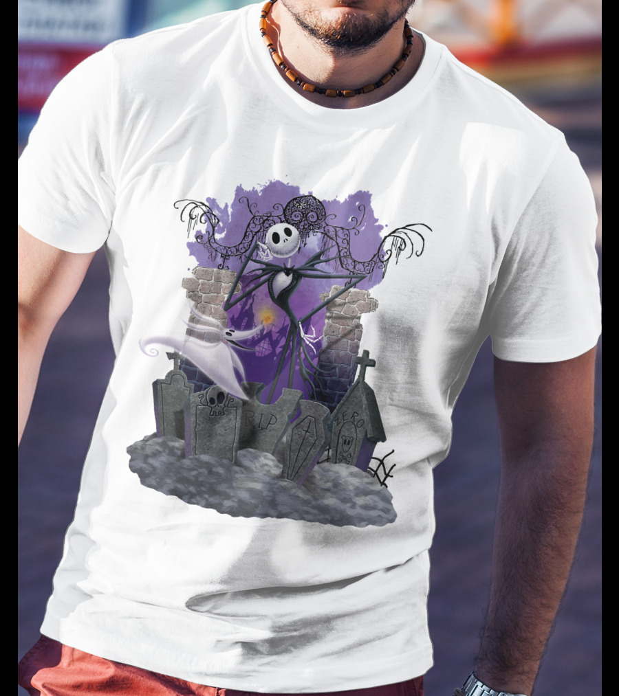 Jack Skellington Zero RIP Graveyard Scene With Ghostly Dog And Gothic Elements T-Shirt