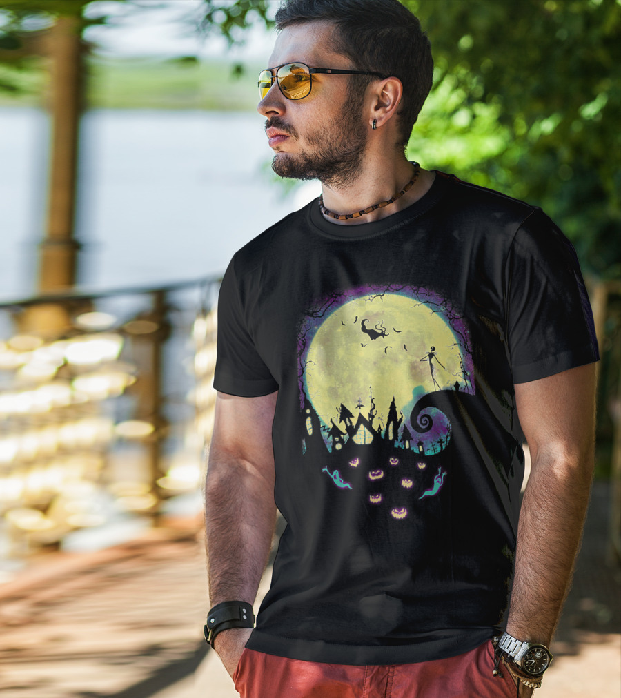 Jack Zero Moonlit Halloween Scene With Ghostly Pumpkins T-Shirt
